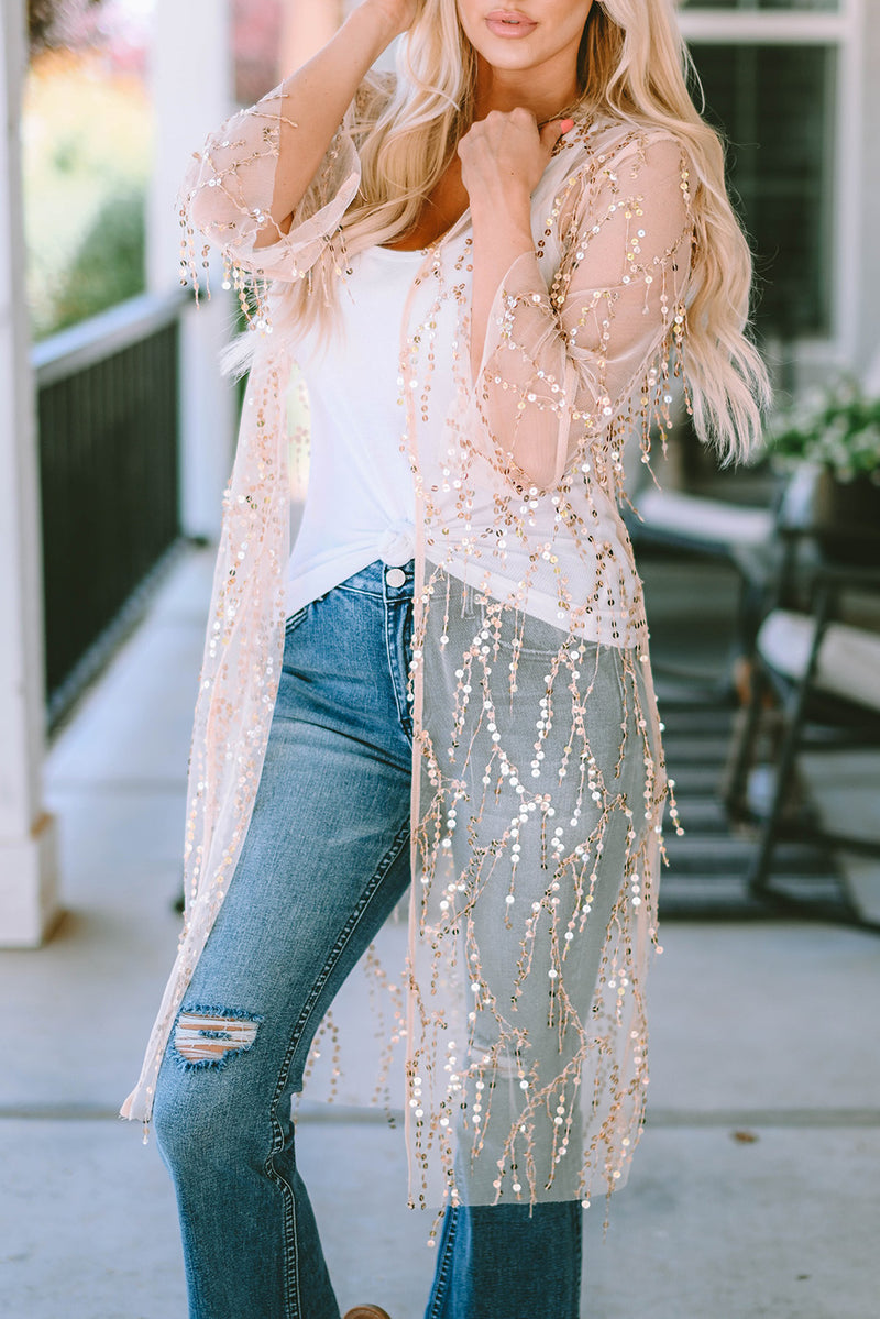 White Sequin Sheer Long Sleeve Open Front Kimono