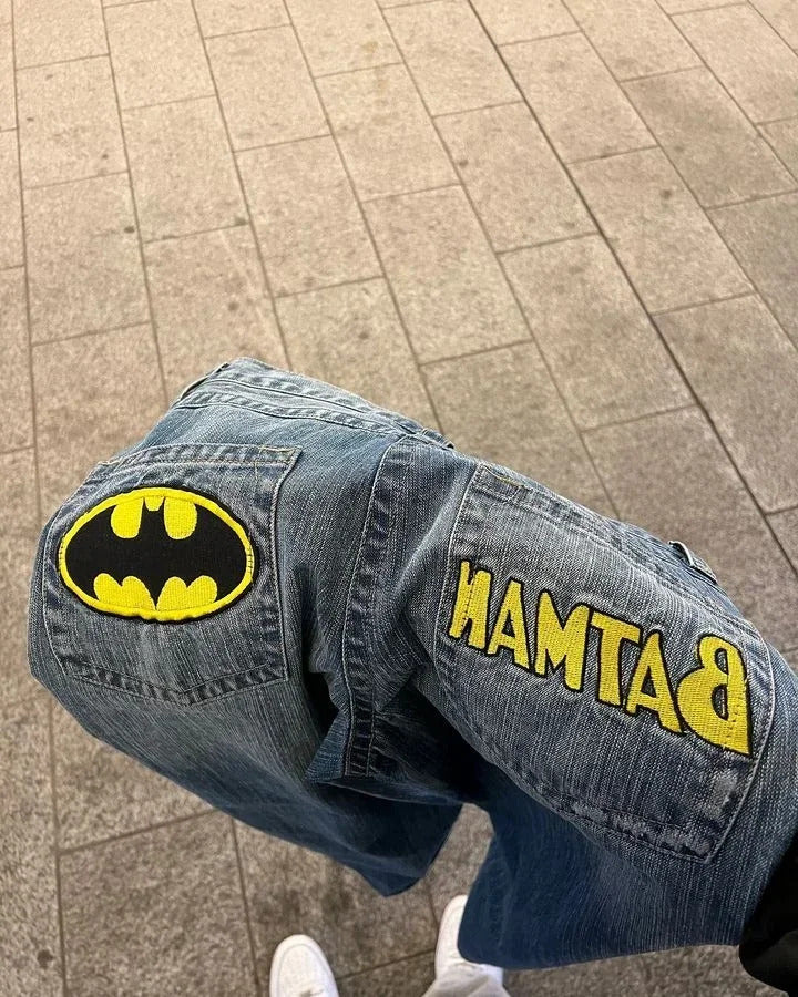 Punk Bat Embroidered Hip Hop Streetwear Jeans Y2K Pants Harajuku Gothic Retro Blue Baggy Jeans Mens High Waist Wide Leg Trousers