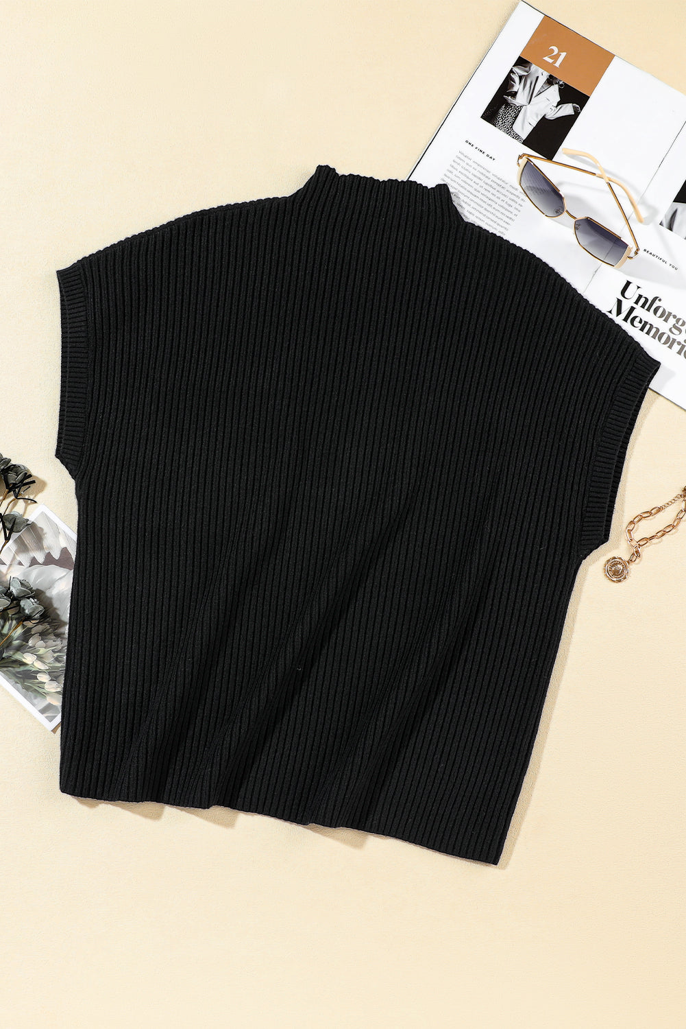 Black Patch Pocket Ribbed Knit Short Sleeve Sweater