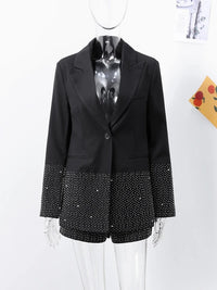 Elegant Rhinestone Jacket Sets Women Shinny Black Lapel Long Sleeve Button Jackets Mini High Waist Shorts Fashion Party Outwear