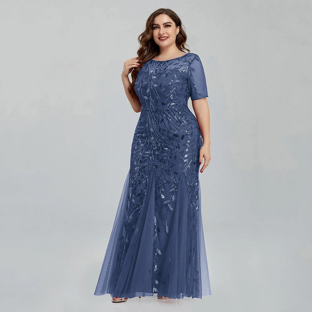 Women Plus Size Sequin Mesh Embroidery Mermaid  Evening Dress Formal Short Sleeve Elegant Party Prom Gowns 2020 New Long Dress