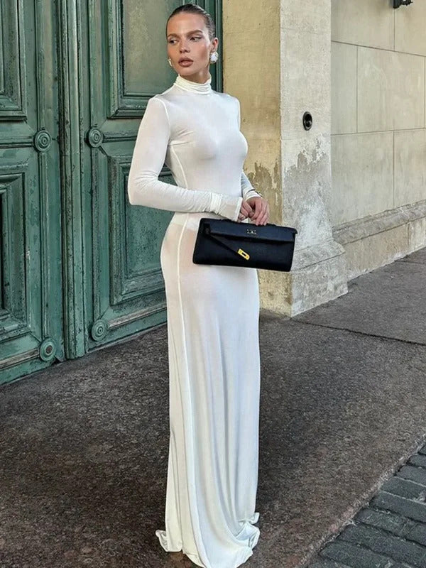 Woman Clothing Turtleneck Long Maxi Dress Streetwear 2024 Autumn Female Long Sleeve Bodycon Solid White Evening Party Dresses