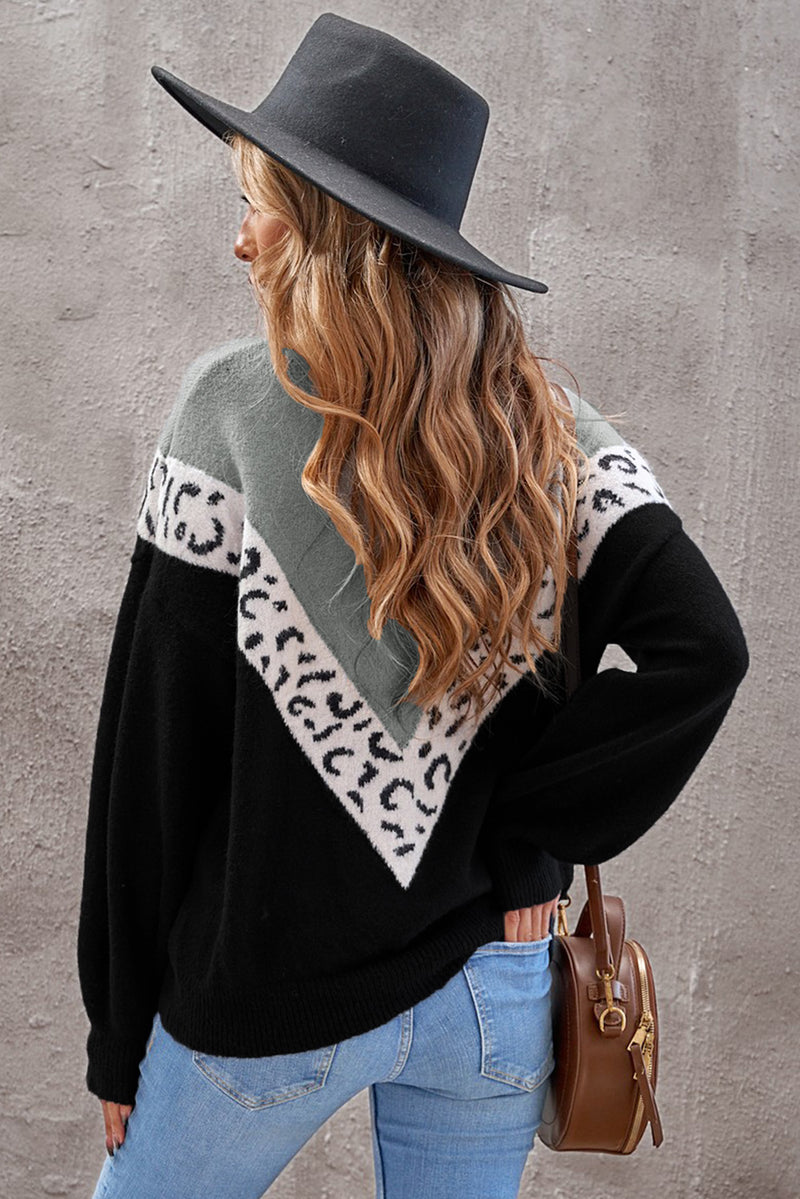 Black Colorblock Chevron Leopard Pullover Sweater