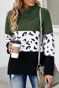 Green Turtleneck Splicing Chunky Knit Pullover Sweater