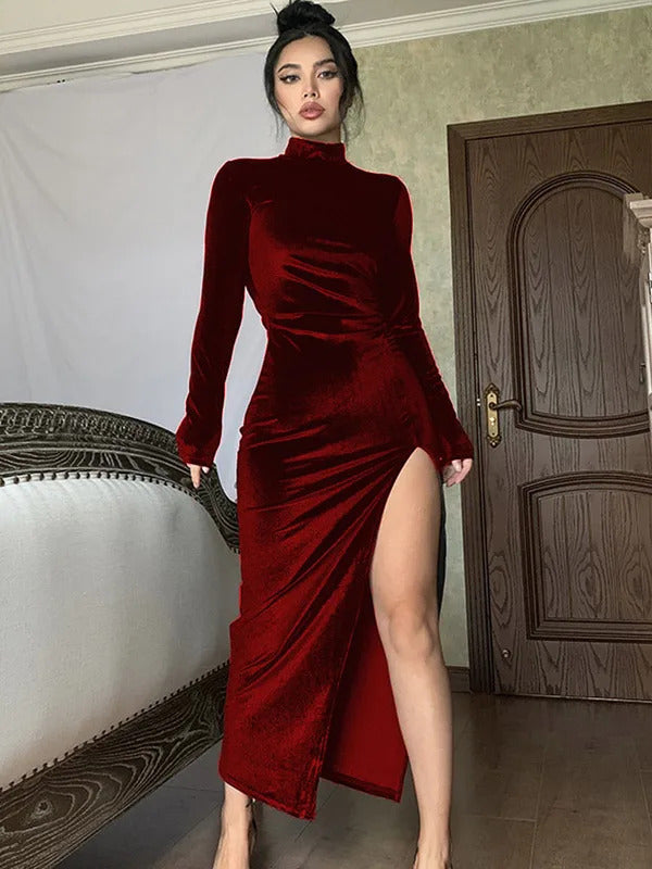 Autumn Winter Women Solid Velvet Long Sleeve Ruched Midi Dress Side Slit Bodycon Sexy Streetwear Party Elegant Club