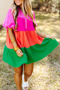 Women's Color Block Tiered Puff Sleeve Dress