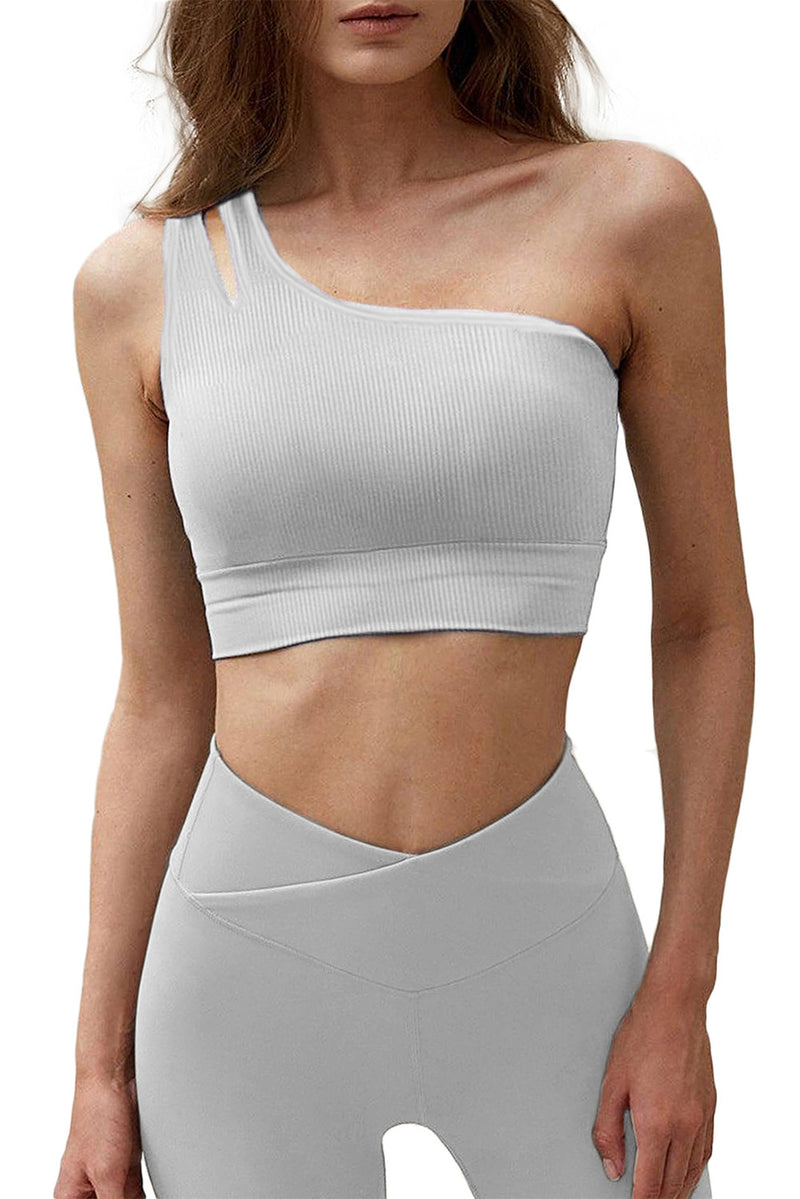 Gray Single Split Shoulder Ribbed Cropped Sports Top