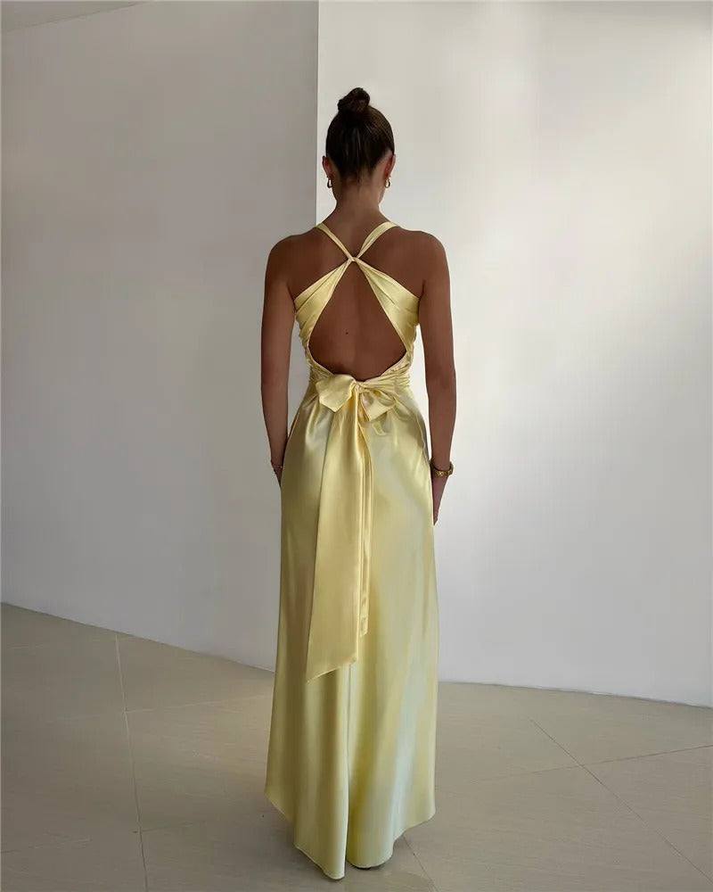 Mozision Satin Bow Backless Sexy Maxi Dress For Women Gown Fashion V Neck Sleeveless Club Party Evening Dress Elegant