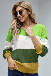 Green Pullover Colorblock Winter Sweater