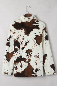 Zip Collar Cow Print Fleece Sweatshirt