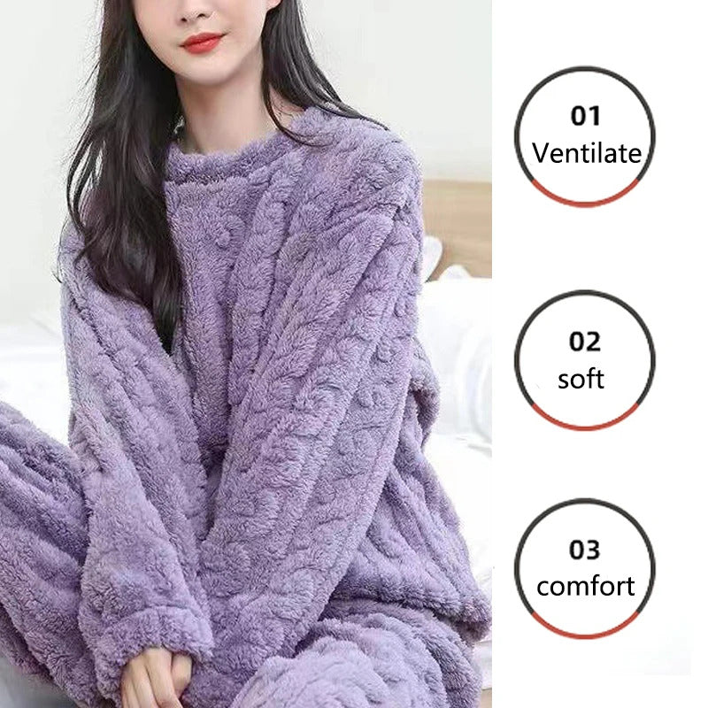 Thickened Warm Autumn and Winter Flannel Pajamas Women Long-Sleeved Solid Striped Homewear Black Plus Size School Loungewear