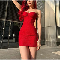 Sexy Red Shinny Bodycon High Waist Mini Dress Women Fashion Strapless Sleeveless Back Drawstring Gown 2025 New Party Club Wear