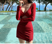 Korean Style One Piece Swimwear Long Sleeve Cut Out Swimsuit Dress Red Bathing Suit Sexy Monokini Swim Pool Beachwear 2024 New