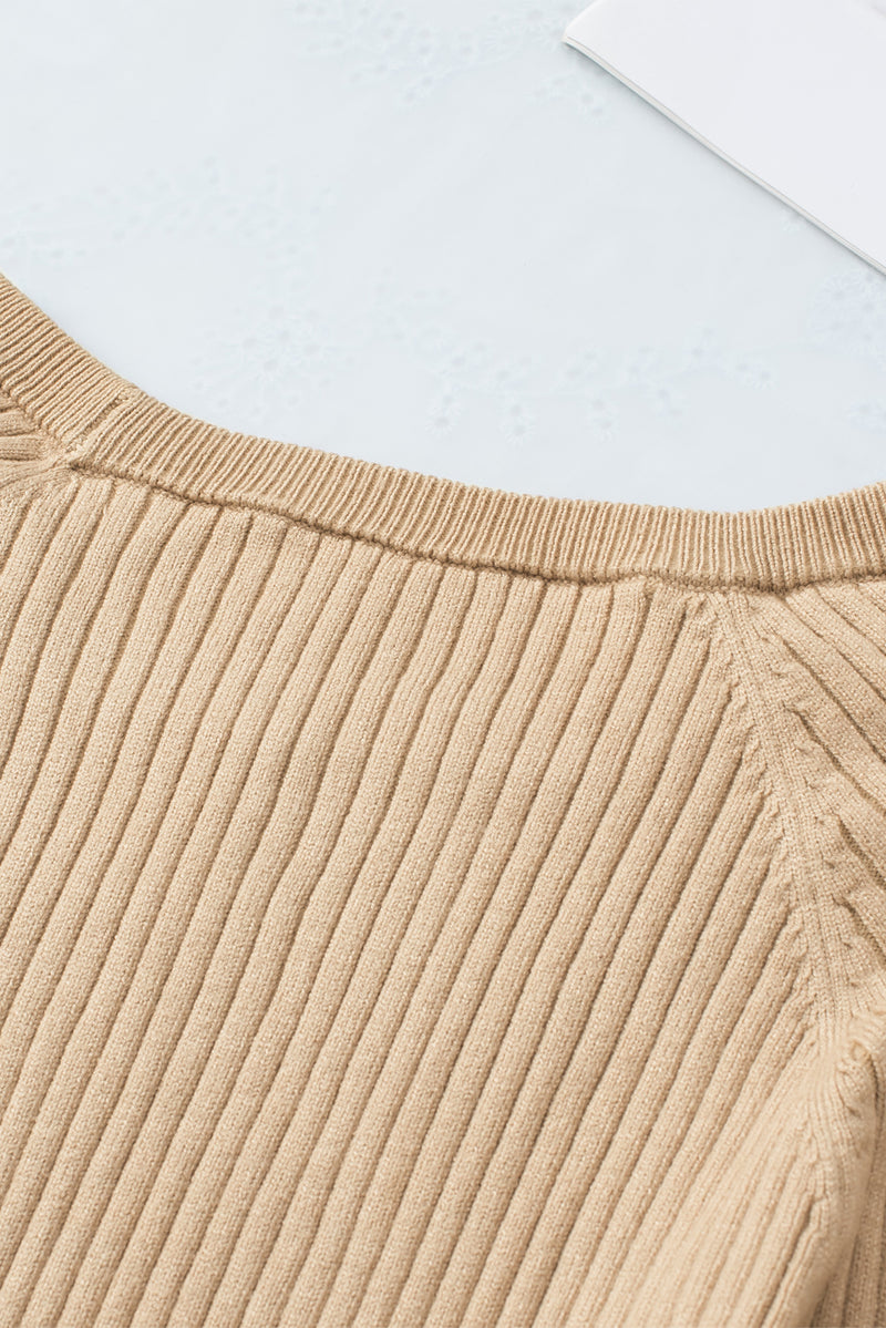 Apricot Ribbed Knit Round Neck Sweater