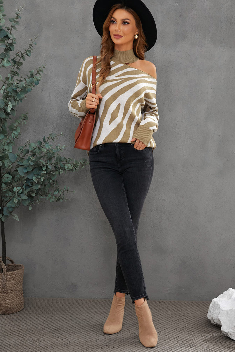 Khaki Zebra Print Mock Neck Cold Shoulder Sweater