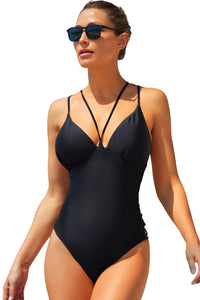 Black Criss Cross Backless Deep V Neck One Piece Swimsuit