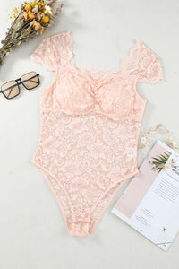 Khaki Floral Lace Scalloped Square Neck Bodysuit