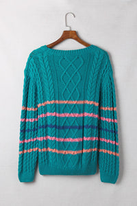 Green Striped Color Block Textured Knit Pullover Sweater