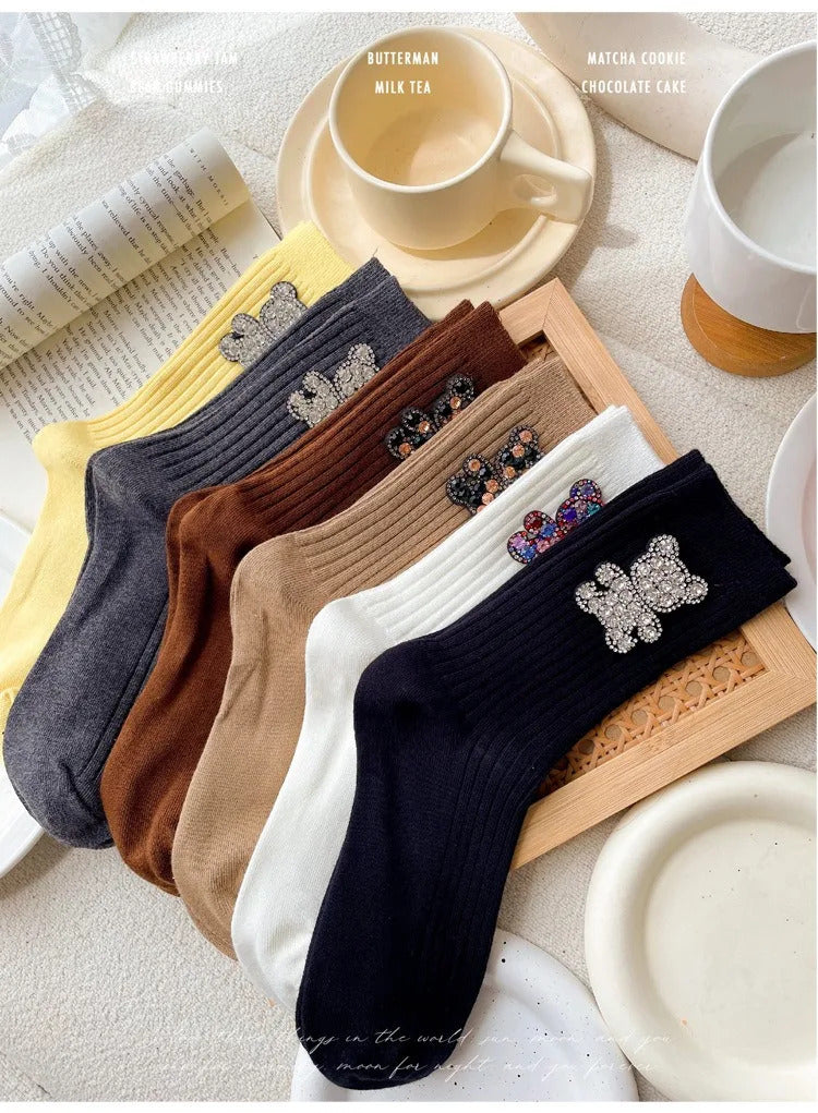 Diamond Cartoon Bear Decorative Socks, Fashionable Diamond Sparkling Women's Socks, Comfortable And Breathable Christmas Socks