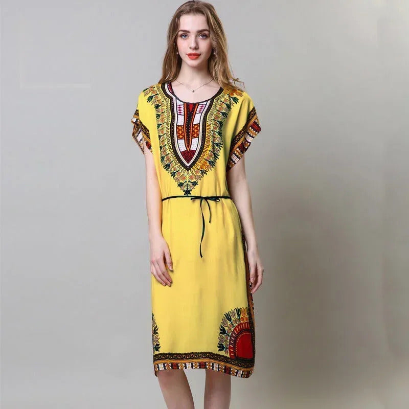 Bohemian National Style Leisure Holiday Beach Printed Poker Indonesia Floral O-neck Loose Midi Dress Pajamas Loungewear Woman