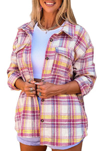 Red Plaid Print Rounded Hem Shirt Jacket