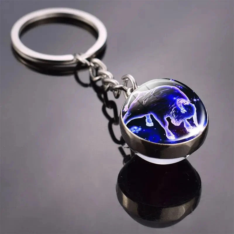 12 Constellation Key Chain Luminous Double Sided Glass Ball Pendant 12 Zodiac Key Chain Fashion Birthday Gift for Men and Women