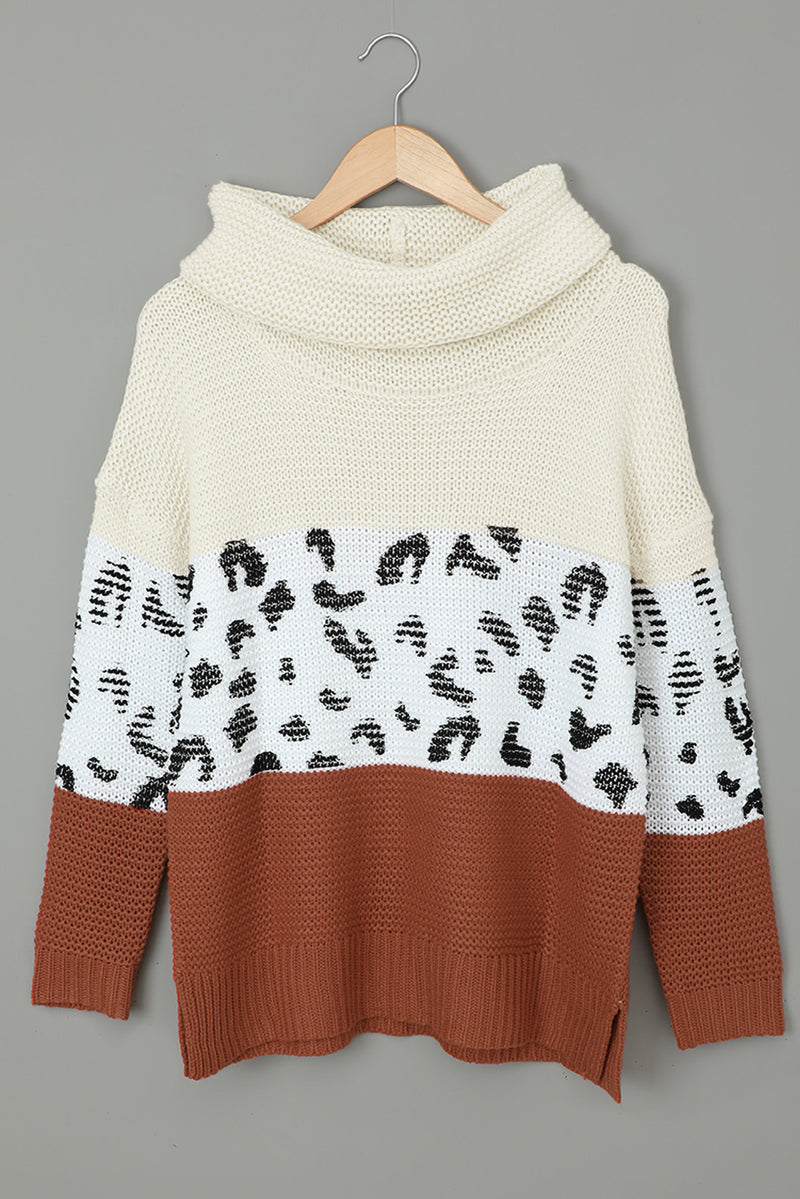 Apricot Turtleneck Splicing Chunky Knit Pullover Sweater