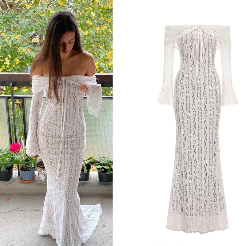 Suninheart White Off The Shoulder Bodycon Dress 2024 New in Flare Sleeve Elegant Lace Maxi Dress Wedding Guest Dress for Women