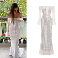 Suninheart White Off The Shoulder Bodycon Dress 2024 New in Flare Sleeve Elegant Lace Maxi Dress Wedding Guest Dress for Women