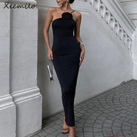 Xeemilo Elegant Sleeveless Slim Black Dress Aesthetic Oblique Strap Backless Prom Dresses French Retro Evening Party Skinny Robe