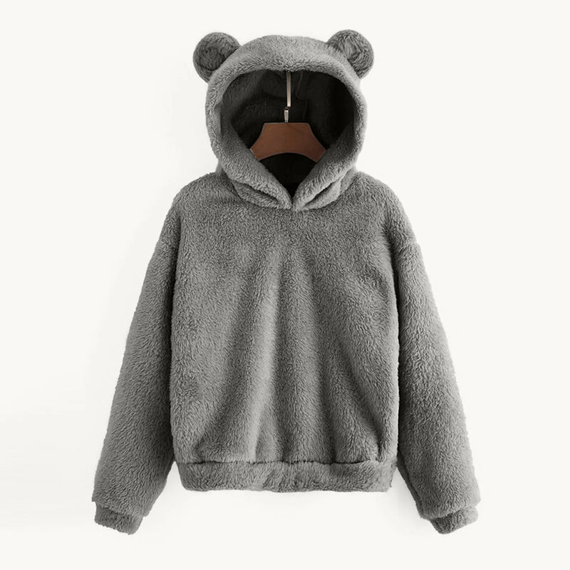 Women's Pullover Long Sleeve Fleece Sweatshirt Warm Bear Shape Fuzzy Hoodie Sweater Pullover