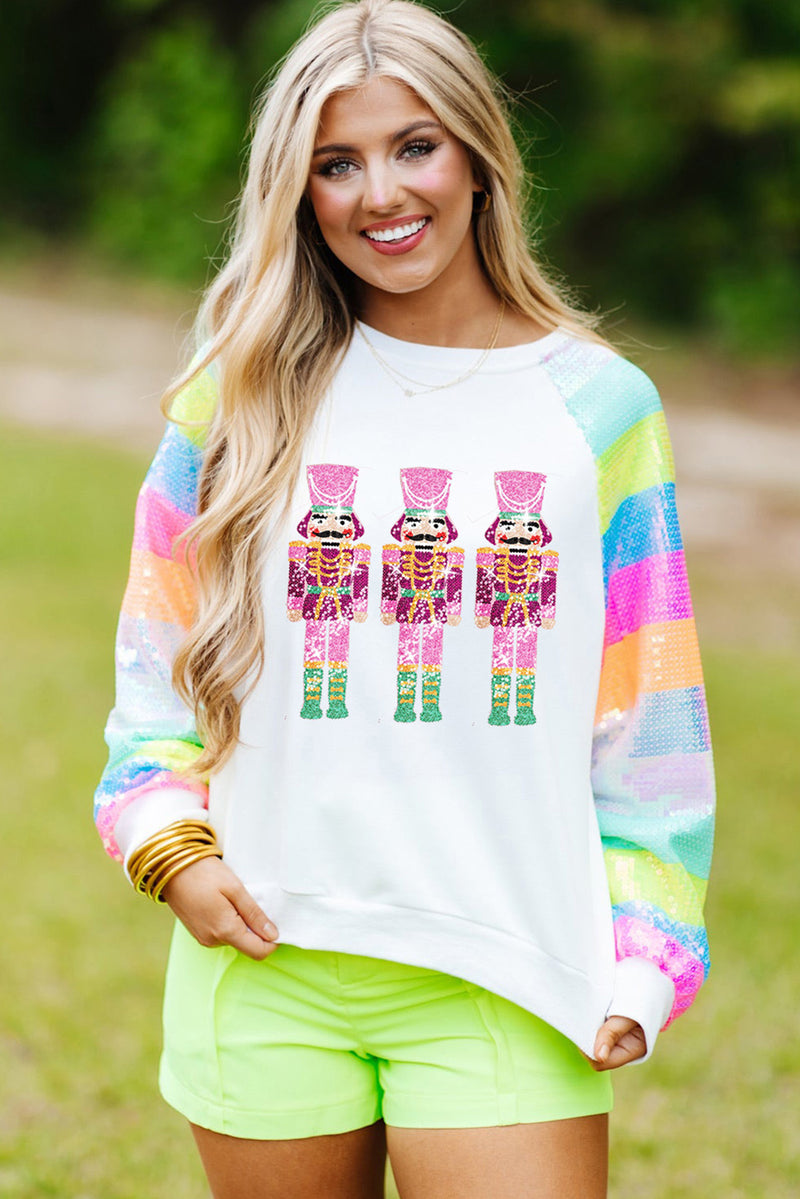 White Sequin Colorblock Sleeve Nutcracker Graphic Sweatshirt