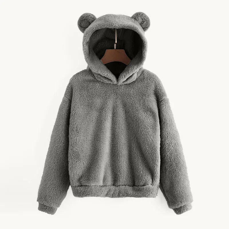 Women's Pullover Long Sleeve Fleece Sweatshirt Warm Bear Shape Fuzzy Hoodie Sweater Pullover