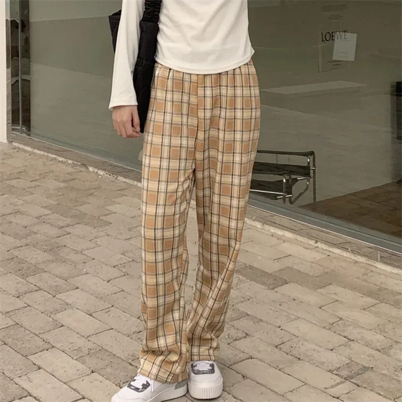 Fashion Warm Plush Pants Cashmere Thick Plaid Ladies Winter Casual Loose Wide-legged Pants Korean Streetwear Students