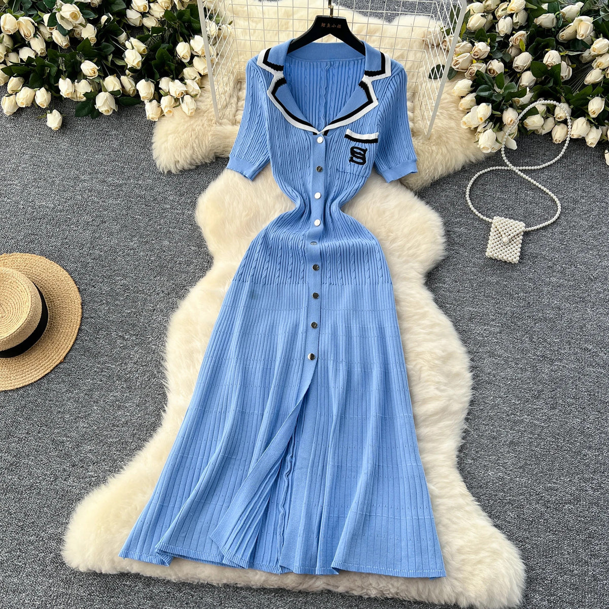 Elegant Turn-down Collar embroidery Single Breasted Knit Bodycon Dress Slim Fashion Sweater Vestido Sexy Women Winter Clothing