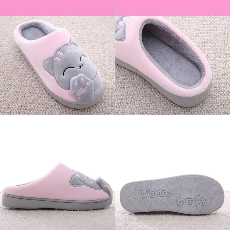 Women Winter Warm Slippers Cartoon Cat Shoes Furry Plush Slides Round Toe Flats Indoor Home Bedroom Floor Slippers Ladies Shoes