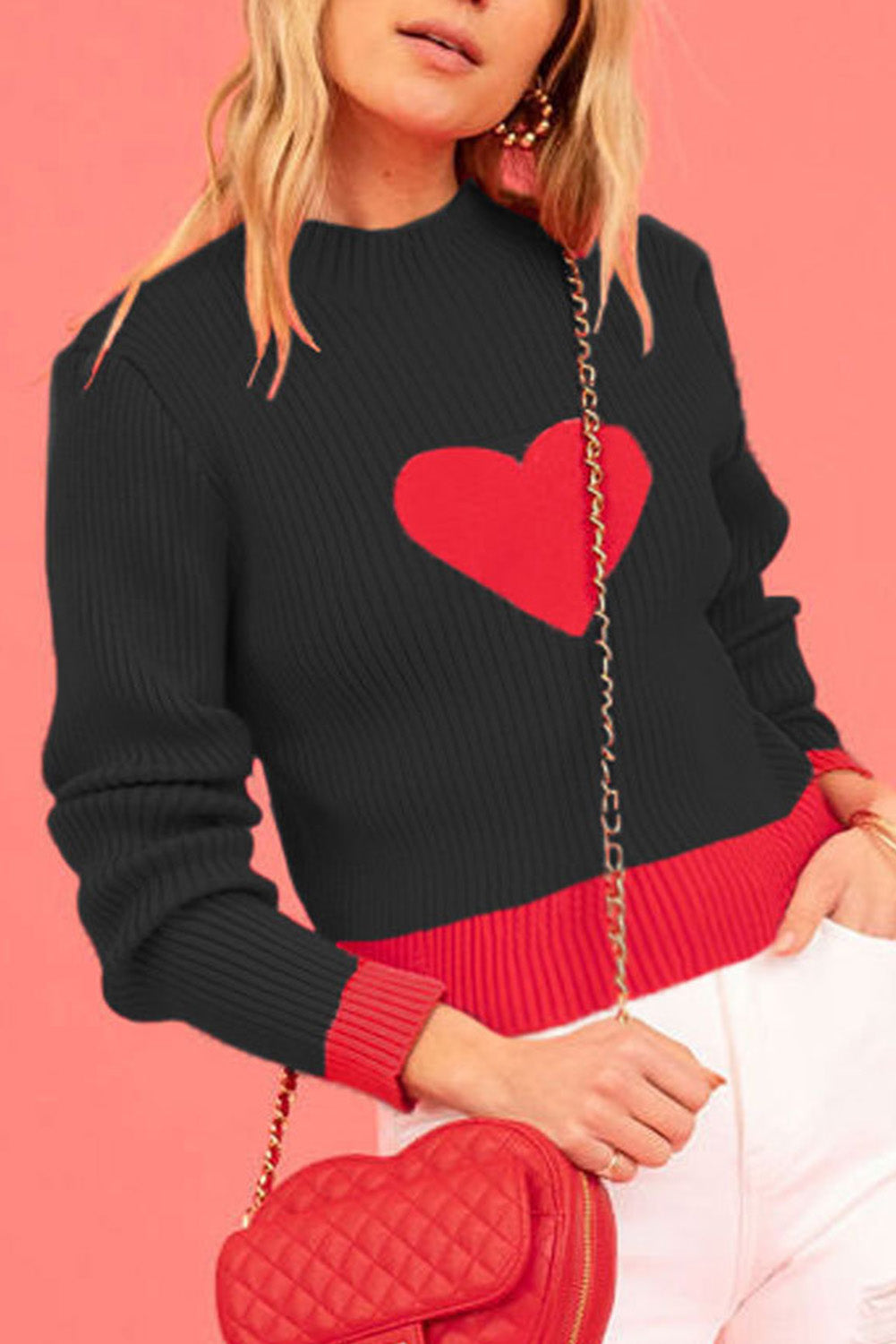 Fiery Red Mock Neck Colorblock Valentine Heart Ribbed Sweater