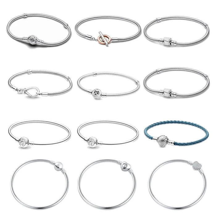 European Blue Leather Shell Clasp 925 Sterling Silver Plated Bracelet Snake Chain Bangle Heart For Women  Jewelry Accessories