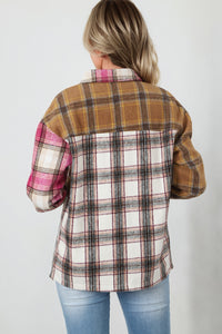 Brown Plaid Print Snap Button Long Sleeve Jackets with Pocket