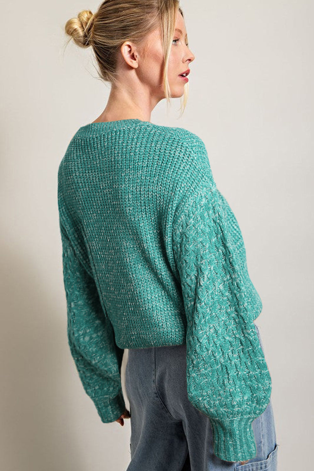 Sea Green Cable Knit Sleeve Drop Shoulder Sweater