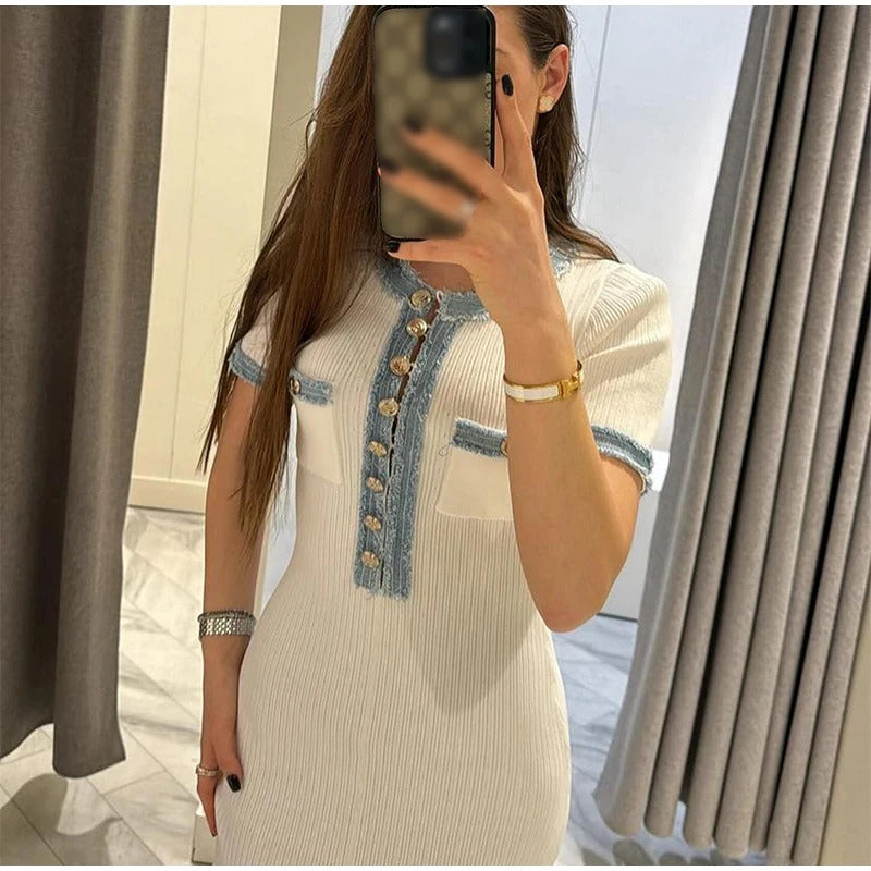 Women's Metal Single Breasted Knitted Maxi Dress V-neck Pleated Wrapped Hip Bodycon Dresses 2024 Elegant High Street White Robes