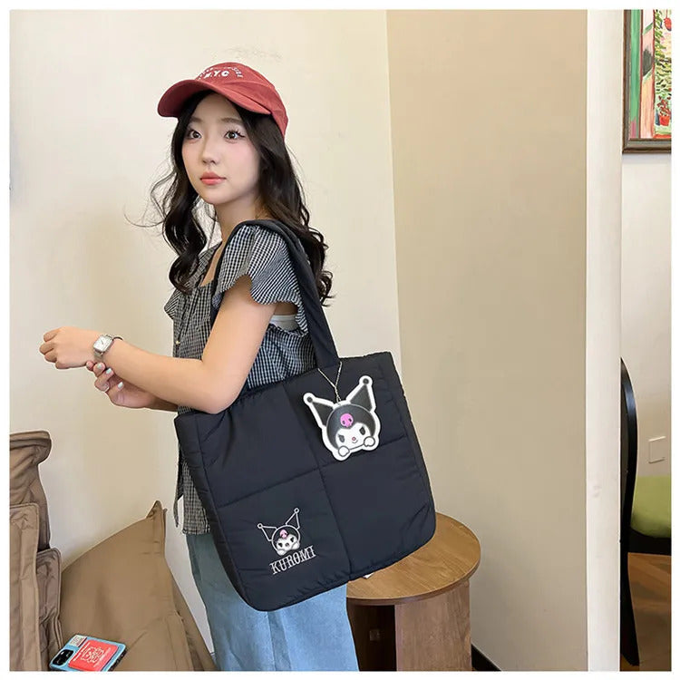 2024 New Sanrio Handbag Cartoon Cute Down Fabric Kuromi Tote Bag Shoulder Pacha Dog Cute Stationery Bag Large Capacity Handbag