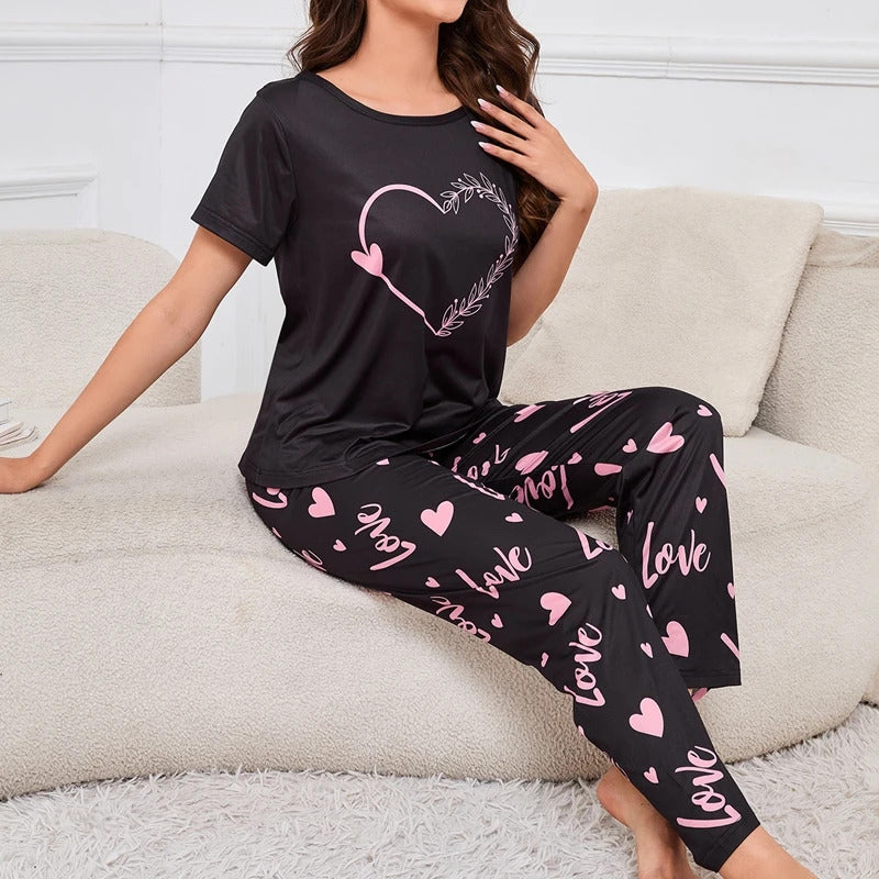 Women's Pajama Set Casual Heart print T-Shirt With Pants Sleepwear Loungewear Nightwear 2 Piece Sets Pijama Pajamas for women