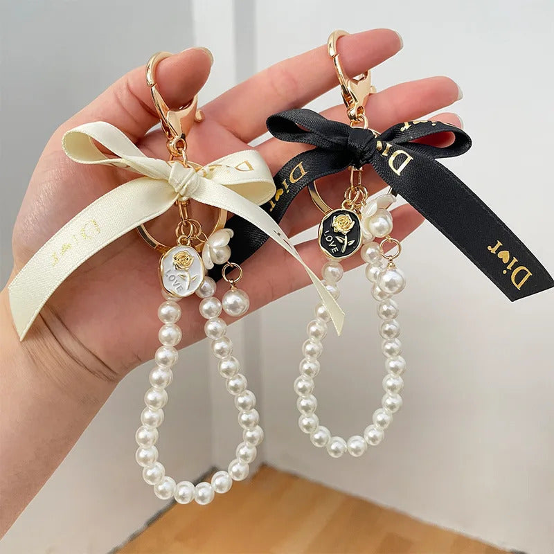 Imitation Pearl Keychain Sweet Letters Ribbon Bowknot Keyring Accessories Metal Buckle Women Bag Charms Best Gifts Jewelry