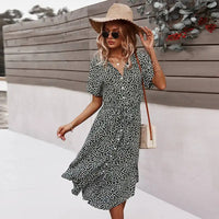 Summer Women Floral Print Dress Casual Short Sleeve Button Holiday Midi Dresses Female V-Neck Beach Boho Chic Dress Elegant Robe