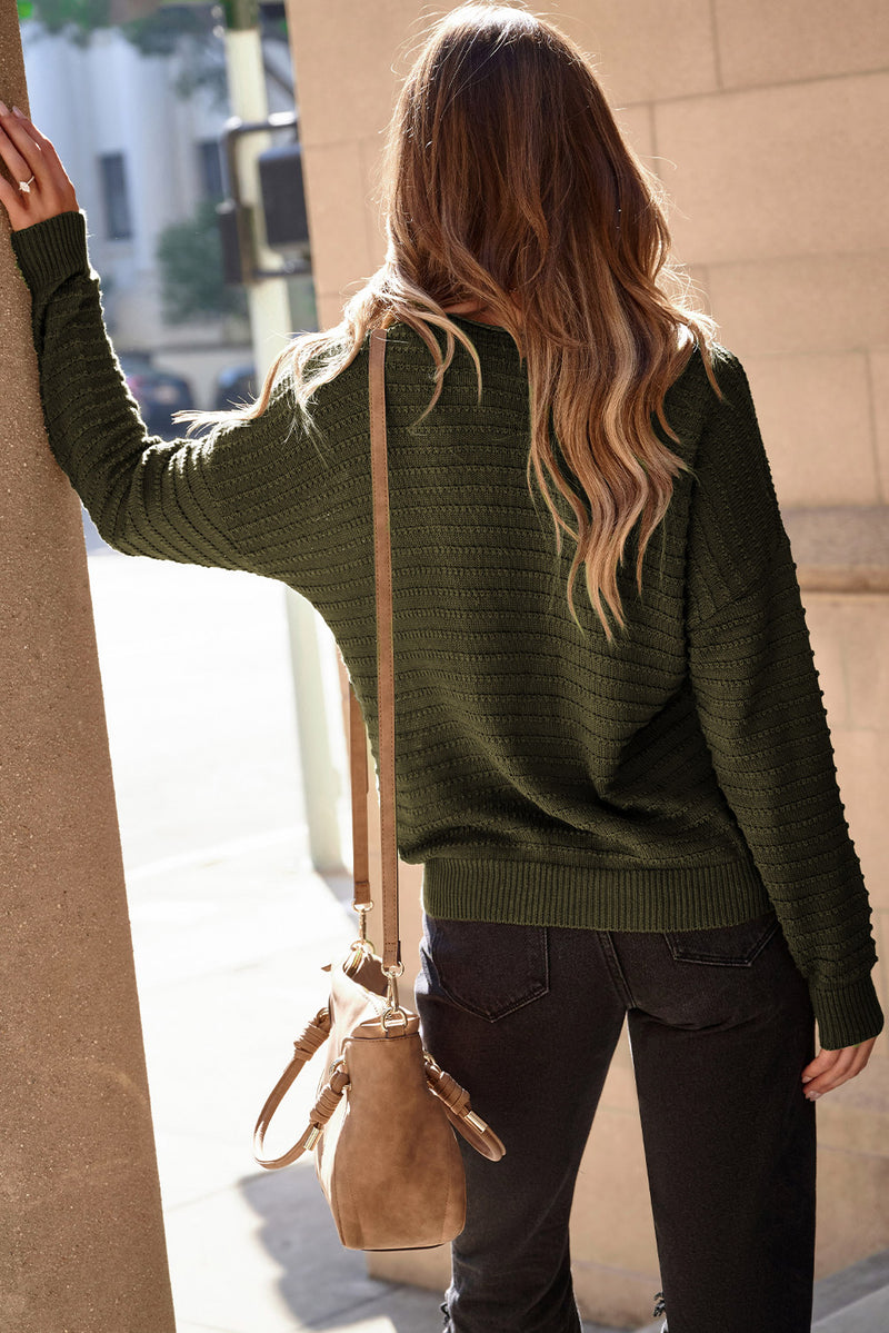 Duffel Green Textured Knit Round Neck Dolman Sleeve Sweater