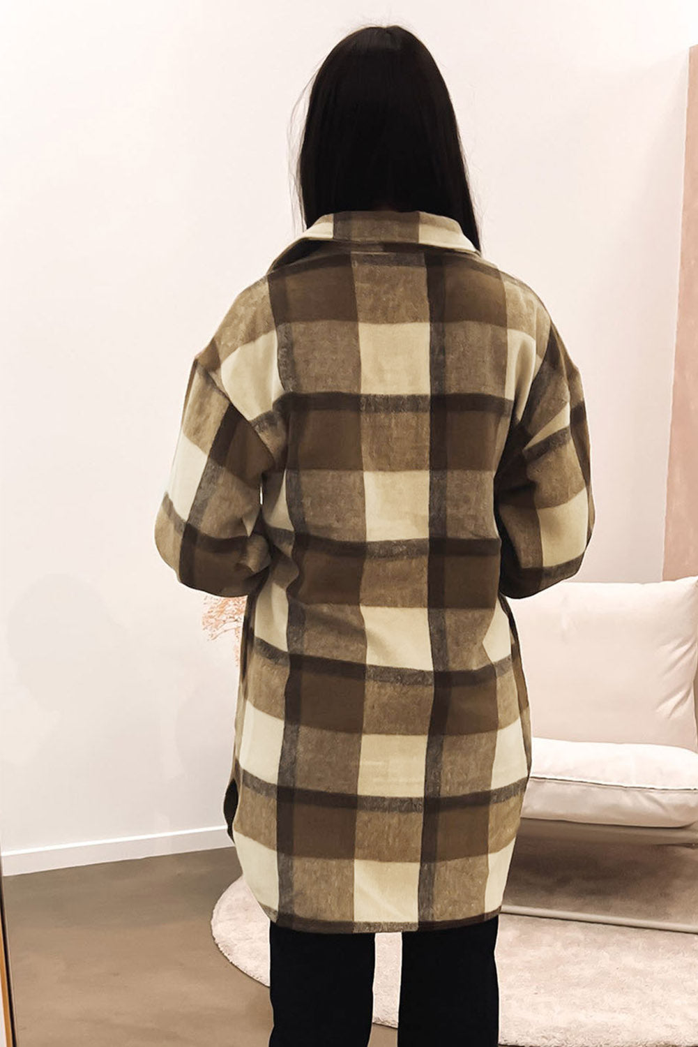 Brown Plaid Flap Pocket Smocked Cuff Shacket