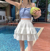 Pleated A-Line Skirt Women White Ruffle Sweet Tierred Pretty Style Skirt Elastic Waist Summer Slim Basic Korean Harajuku Dress