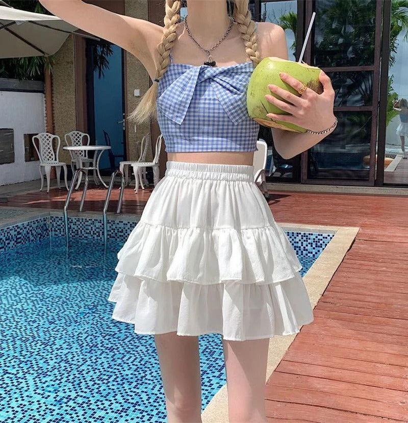 Pleated A-Line Skirt Women White Ruffle Sweet Tierred Pretty Style Skirt Elastic Waist Summer Slim Basic Korean Harajuku Dress