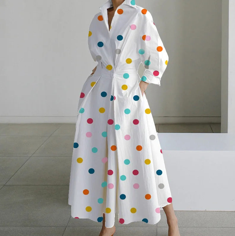 Autumn Dress Long Sleeve Dot Print Elegant Maxi Dresses For Women 2024 White Casual V Neck Shirt Party Long Dress Robe Femme